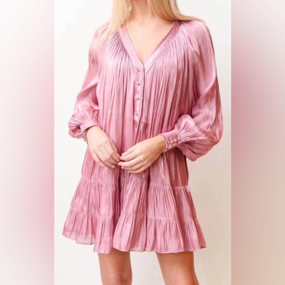 Cinq á Sept Lise Mini Dress In Pink Orchid Satin. Button Up Design Size 2